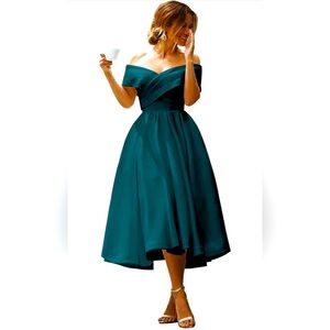 Women's Off The Shoulder Dress with Pockets - A-line Tea Length